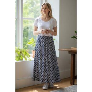 Chico's Blue White‎ Geometric A-Line Maxi Skirt Stretchy Size 1 (W30)